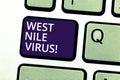 Handwriting text writing West Nile Virus. Concept meaning Viral infection cause typically spread by mosquitoes Keyboard