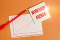 Handwriting text writing Workshop Agenda. Concept meaning helps you to ensure that your workshop stays on schedule Desk notebook