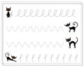 Handwriting training game for kids, point to point, black cats, halloween. vector isolated on a white background Royalty Free Stock Photo