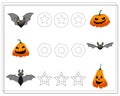 Handwriting training game for kids, point to point, bats, pumpkins, halloween. vector isolated on a white background Royalty Free Stock Photo