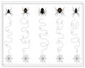 Handwriting training game for kids, from point to point, spiders go down to the web, halloween. vector