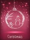 Handwriting Xmas ball with snowman for Merry Christmas celebration on purple background with light, stars. Royalty Free Stock Photo