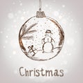 Handwriting Xmas ball with snowman for Merry Christmas celebration on silver background with snowflakes. Vector eps Royalty Free Stock Photo