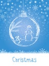 Handwriting Xmas card with ball and snowman for Merry Christmas celebration on blue snow background with snowflakes. Vector eps