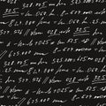 Handwritten abstract text and numbers vector seamless pattern, vector monochrome script isolated on blackboard background