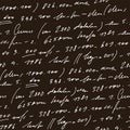 Handwritten abstract text and numbers vector seamless pattern, vector monochrome script isolated on blackboard background