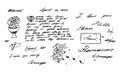 Handwritten abstract text phrase elements. Signature and drawn flower. Monochrome script wallpaper with splashes in vintage retro