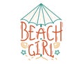 Handwritten calligraphic lettering Beach girl. Vector isolated sticker, beach umbrella on sand, shell and starfish, line