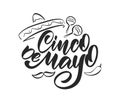 Handwritten calligraphic type lettering of Cinco De Mayo with hand drawn sombrero, maracas and pepper