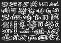 Handwritten catchwords and ampersands vector set.Calligraphy collection of conjunctions,prepositions on black background