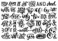 Handwritten catchwords and ampersands vector set.Calligraphy collection of conjunctions,prepositions on white background
