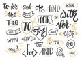 Handwritten catchwords and collection of different conjunctions, prepositions vector set