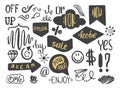 Handwritten catchwords and collection of different conjunctions, prepositions vector set Royalty Free Stock Photo