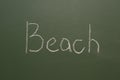 Handwritten chalk inscription beach on green board