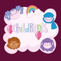 handwritten Childrens text, faces girls boys rainbow and balloons cartoon