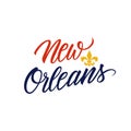 Handwritten city name New Orleans with Fleur De Lis symbol.