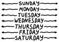 Handwritten Days of Week. Sunday, Monday, Tuesday, Wednesday, Thursday, Friday, Saturday. Doodle names of weekdays Royalty Free Stock Photo