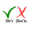 Handwritten Do and Dont check tick mark and red cross checkbox icons lettering design isolated on white background.