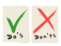 Handwritten Do and Dont check tick mark and red cross checkbox icons lettering design isolated on white background.