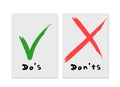 Handwritten Do and Dont check tick mark and red cross checkbox icons lettering design isolated on white background. Royalty Free Stock Photo