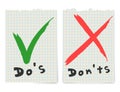 Handwritten Do and Dont check tick mark and red cross checkbox icons lettering design isolated on white background.