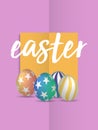 Handwritten Easter font with 3D Easter eggs paper card design in orange, pink background. Vector illustration. EPS 10