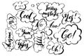 Handwritten exclamation and words inside hand drawn callout clouds. Lettering. Vector illustration with drawn words.