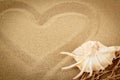 Handwritten heart on sand with seashell and shallow focus