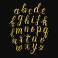 Handwritten latin calligraphy brush script of lowercase letters. Gold glitter alphabet. Vector Royalty Free Stock Photo