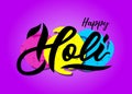 Handwritten lettering of Happy Holi on watercolor spots. Purple background. Royalty Free Stock Photo