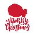 Handwritten lettering of Merry Christmas with silhouette of Santa Claus carries a heavy sack full of gifts