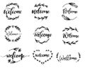 Handwritten lettering of welcome whit flower,border,frame, template for banner, invitation, party, postcard, poster, print, sticke