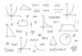 Handwritten math, geometry, physics, chemistry formulas symbols in black ink. Educational doodles with equations Royalty Free Stock Photo