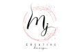 Handwritten MJ M J letter logo with sparkling circles with pink glitter