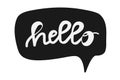 Handwritten modern calligraphy, text - Hello in speech bubble. Hand lettering word. Script hand writing, black and white isolated