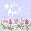Handwritten modern lettering Hello April on wooden imitation textured background. Royalty Free Stock Photo