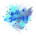 Handwritten modern lettering Hello January on watercolor imitation blue background. Royalty Free Stock Photo