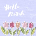 Handwritten modern lettering Hello March on wooden imitation textured background. Royalty Free Stock Photo