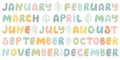 Handwritten names of months. Cute doodle set for banner, poster, notebook, diary, daily log, datebook, calendar, schedule, sticker Royalty Free Stock Photo