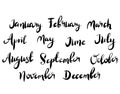 Handwritten names of months: December, January, February, March, April, May, June, July, August, November. Lettering for postcard Royalty Free Stock Photo