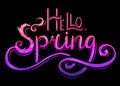Handwritten neon Lettering Hello, Spring with decoration. The object is separate from the background. Vector element Royalty Free Stock Photo