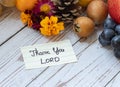 Handwritten note thank You LORD with fall fruits thanksgiving biblical concept