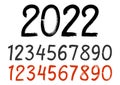 Handwritten numbers. Lettering 2022 and set of vector numbers in grunge style. Two different spelling sets. Handwritten by marker Royalty Free Stock Photo