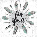 Handwritten quote free spirit with feathers and arrows