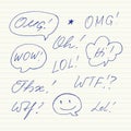 Handwritten short phrases. OMG, WOW, Oh, WTF, Thx, LOL