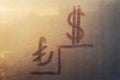 Handwritten doodling sign turkish lira, american dollar icon and pedestal, ladder on sunset foggy glass window