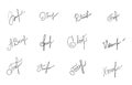 Handwritten signatures set. Fictitious signatures for business contract. Vector EPS 10 collection