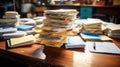 handwritten stack of papers on desk Royalty Free Stock Photo
