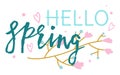 Handwritten style Hello Spring hearts flowers. Celebratory seasonal greeting card design