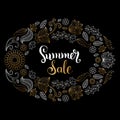 Handwritten Summer sale vector illustration in floral frame for poster. Special offer flyer, discount card design. Royalty Free Stock Photo